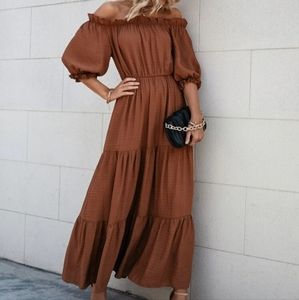 Brown Striped Ruffle Tiered Maxi Dress with Elastic Waist Off-shoulder